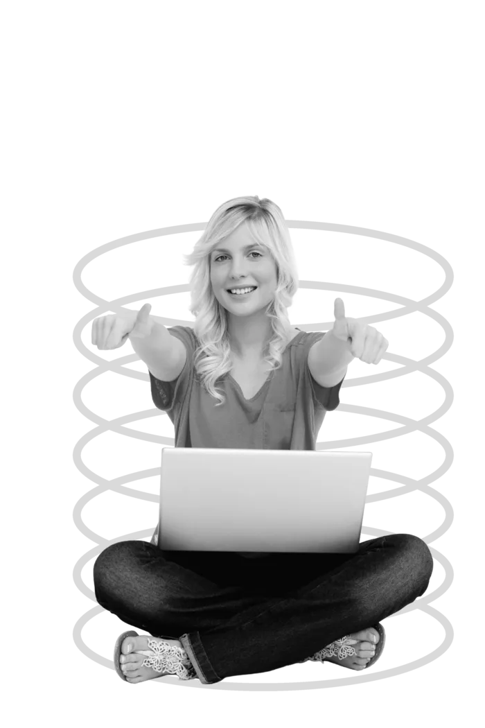 Happy customer giving two thumbs up with laptop