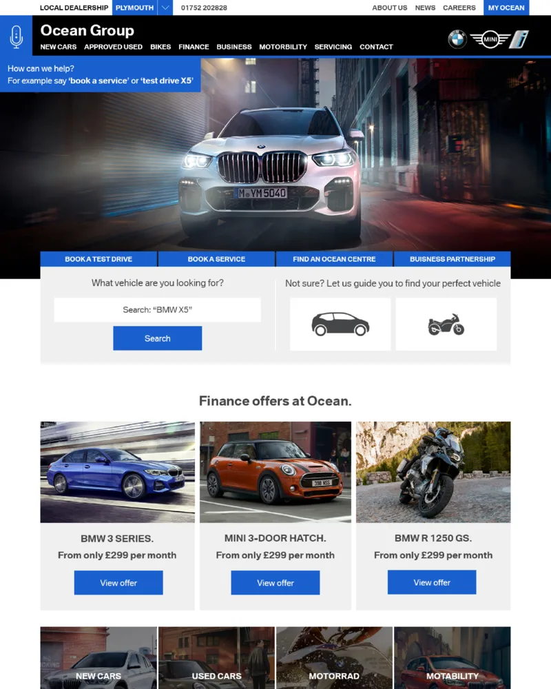 Car dealership website design for Ocean Group BMW and MINI in Plymouth