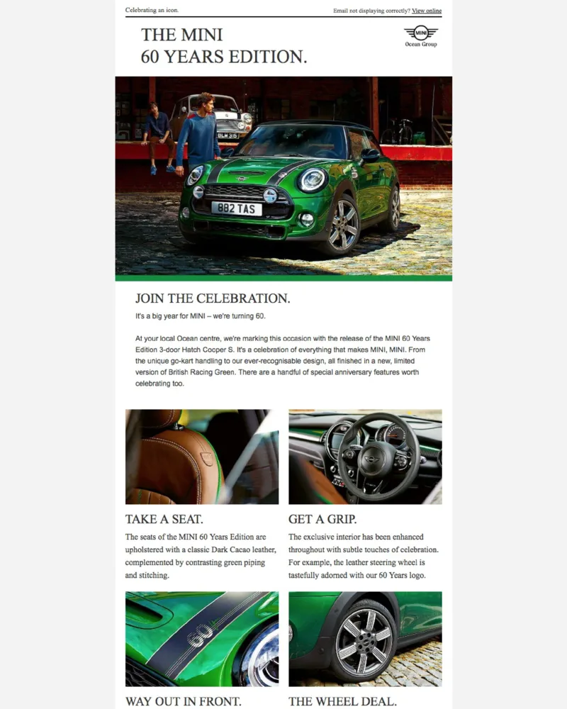 MINI 60 Years Edition email newsletter design for a UK car dealership