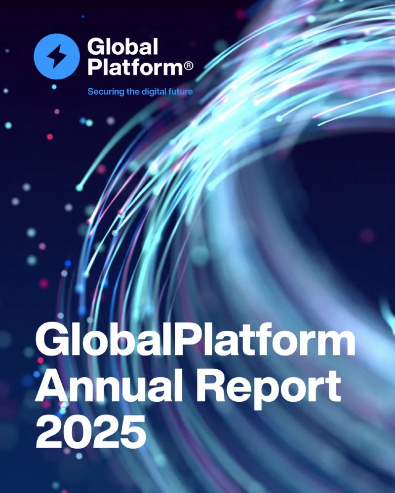 GlobalPlatform annual report cover design with fibre optic imagery