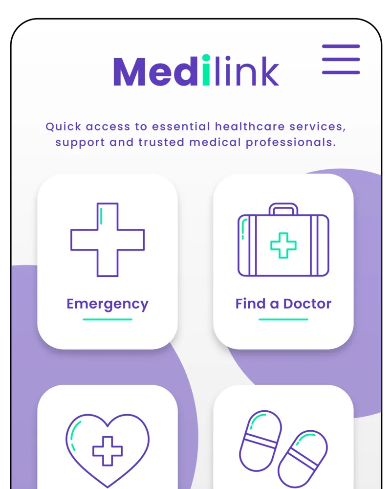 Medilink healthcare app UI design with emergency and find a doctor screens