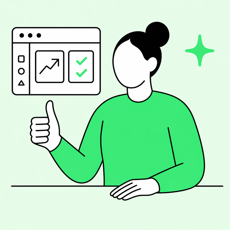 Faceless calm character giving a thumbs up next to a dashboard, neon green palette