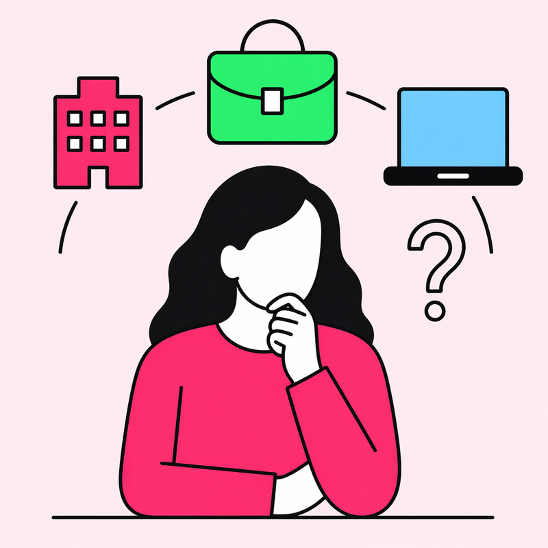 Faceless thinking character with agency, freelancer and in-house icons floating above