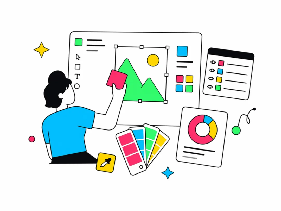 Designer working on brand visuals, color palette, charts and layout cards