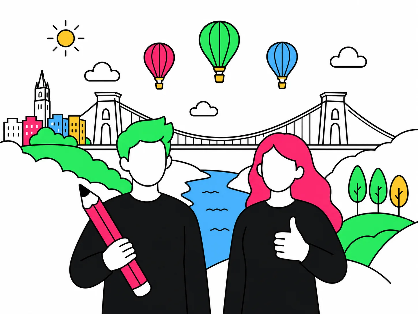 Thin-line flat illustration of the Clifton Suspension Bridge with three brand-colour hot air balloons on a white background
