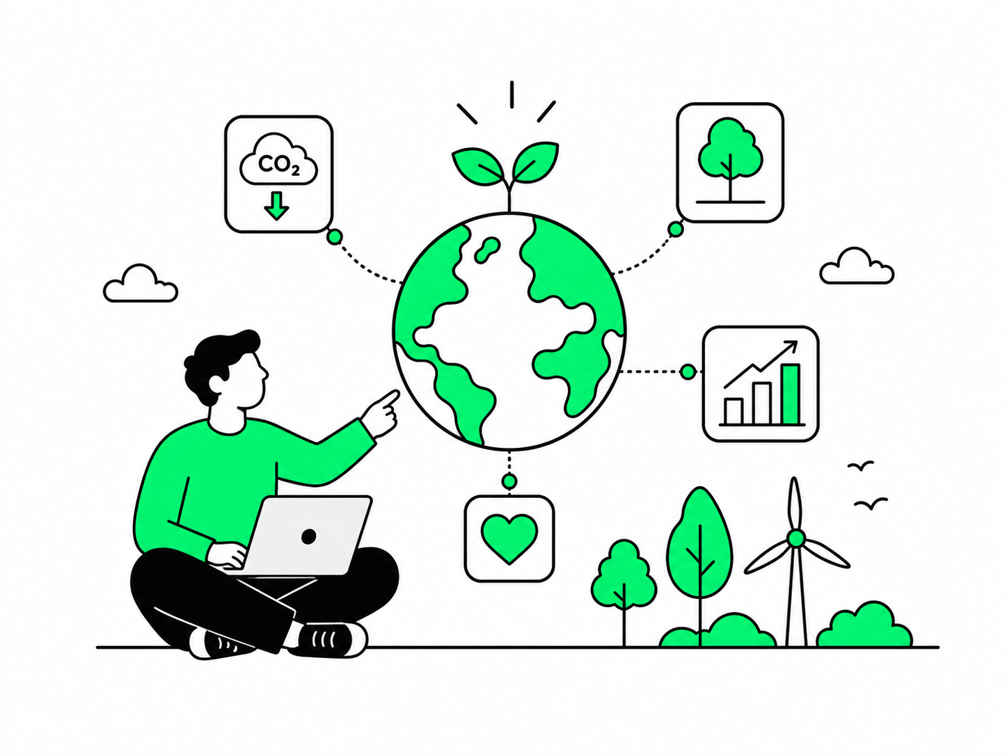 Person with laptop next to a green planet, trees, wind turbine and CO₂ icons