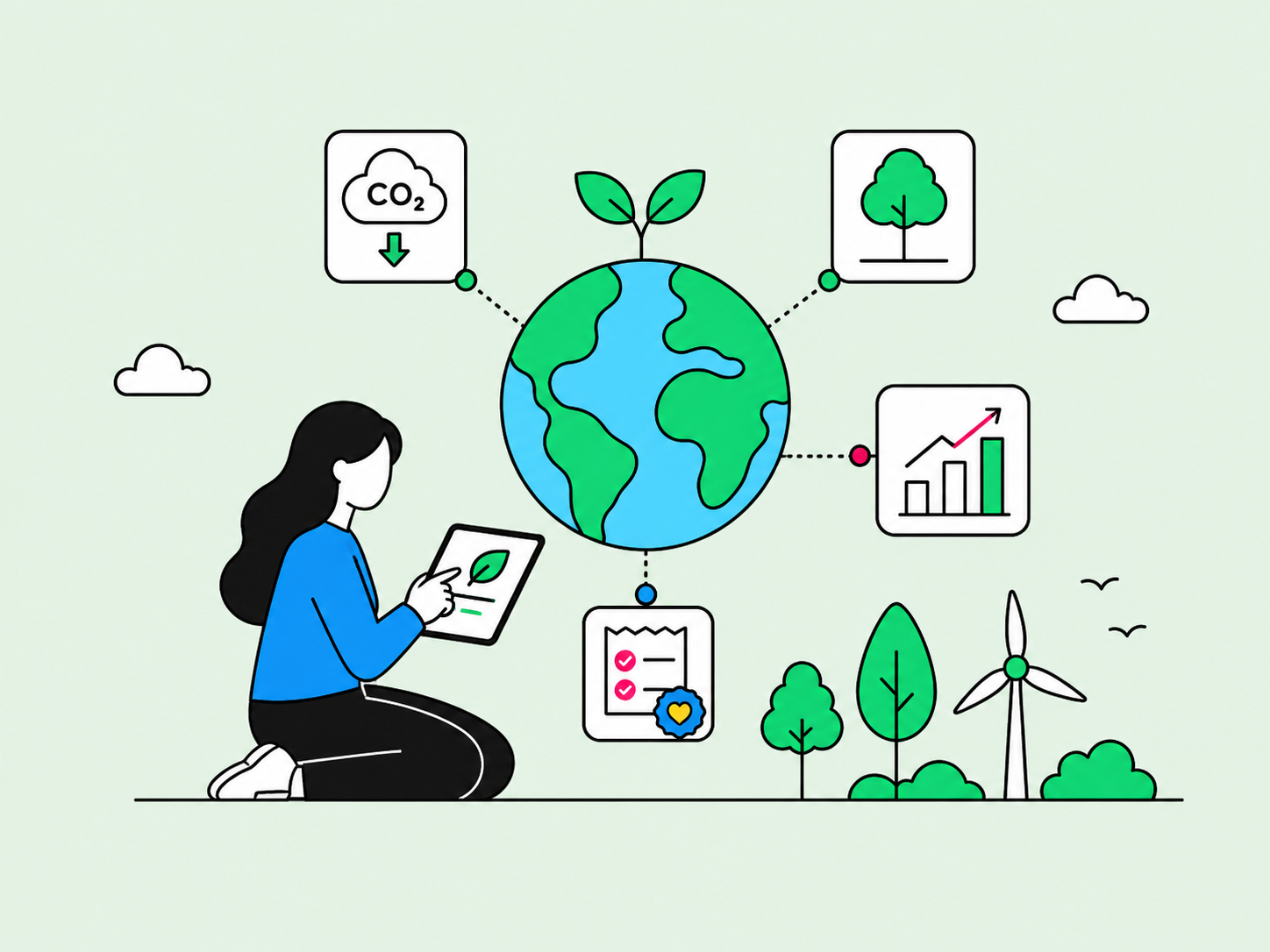 Person reviewing a sustainability portal with trees, CO₂ tracker, badges and impact charts